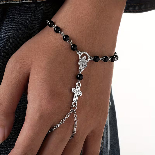 Unique Gothic Style Alloy Acrylic Cross Rosary Bracelet