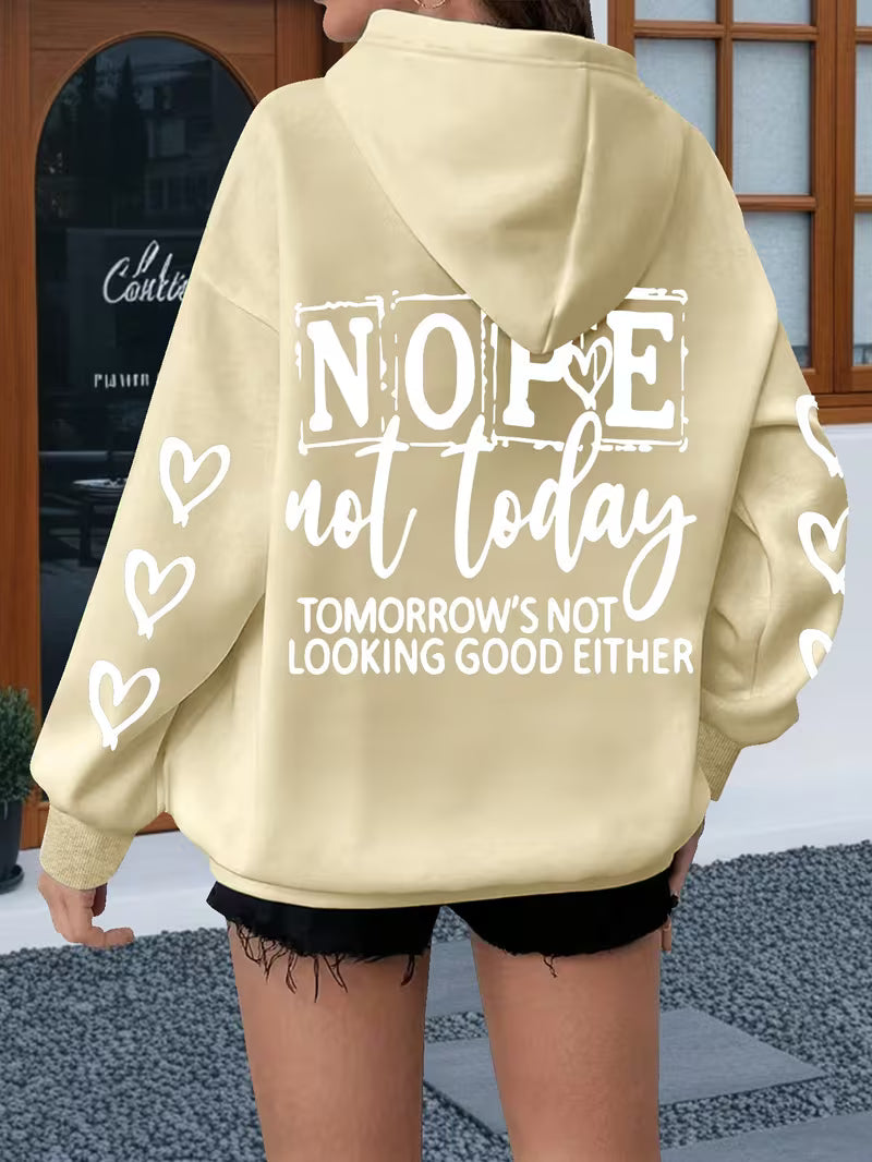 Women's Plus Size Oversized Hoodie with Bold "NOPE Not Today" Letter Print & Heart Design