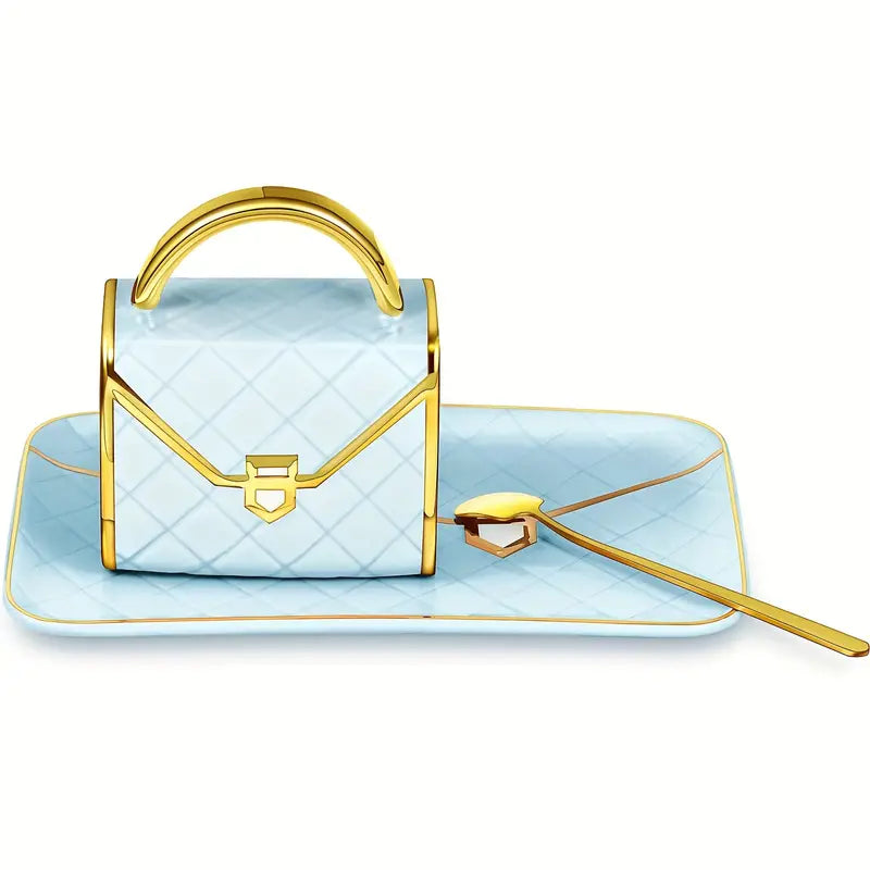 10oz Ceramic Coffee Cup, with Spoon and Plate Handbag Shape