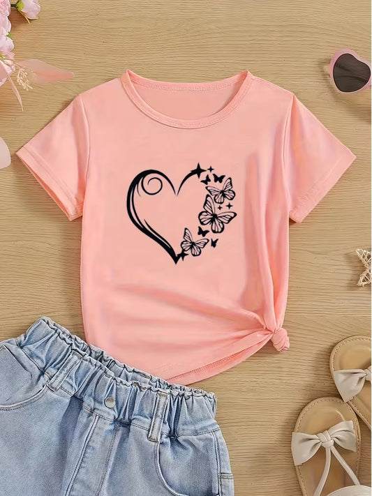 Casual T-Shirt with Heart And Beautiful Butterfly Print