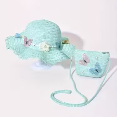 Girls' Butterfly And Floral Straw Hat And Bag