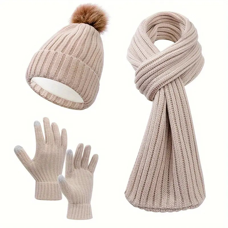 Cozy 3pcs Winter Set - Fleece-Lined Knit Beanie, Scarf & Gloves