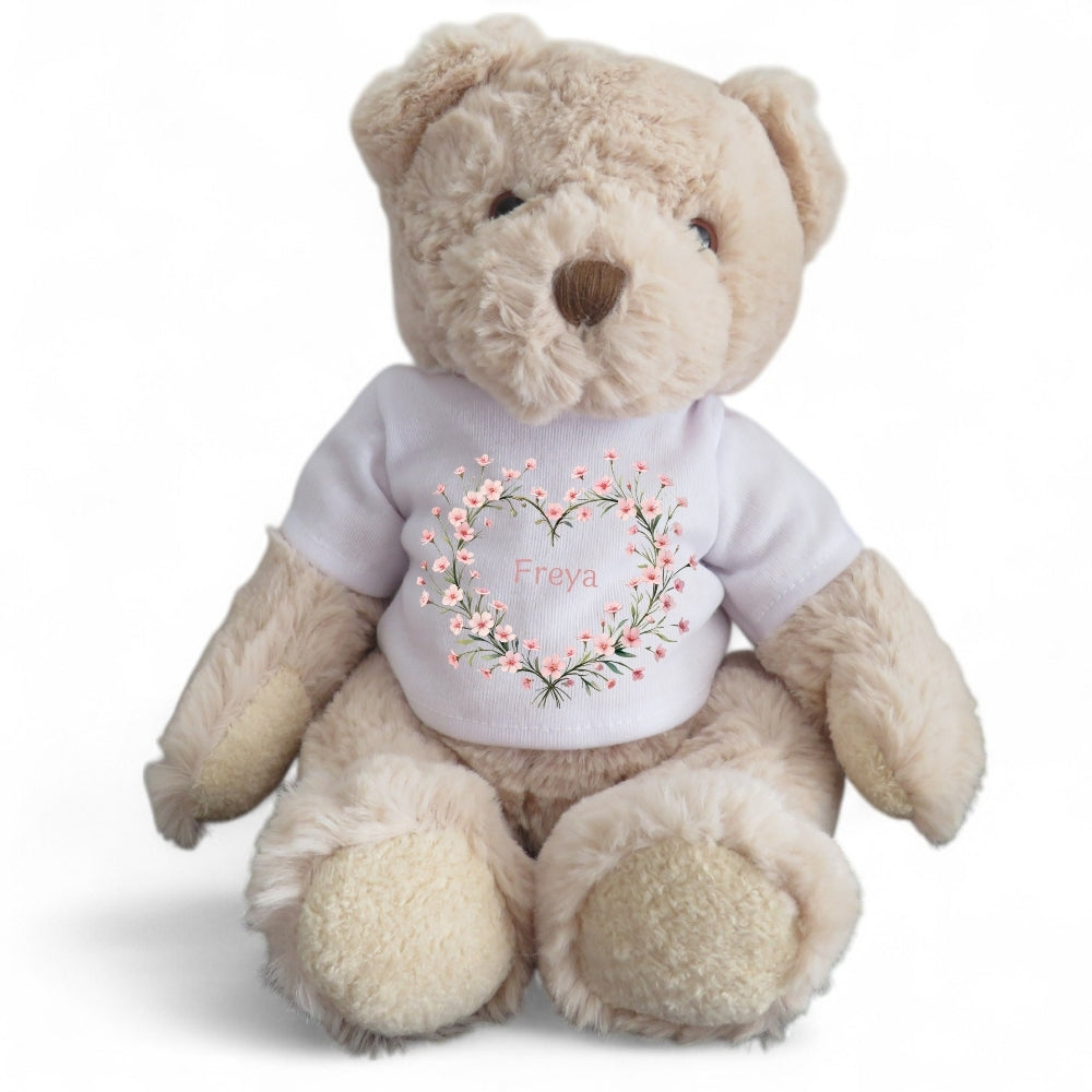 Personalised Luxury Teddy Bear | Pink Flower Heart T-Shirt