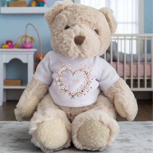 Personalised Luxury Teddy Bear | Pink Flower Heart T-Shirt