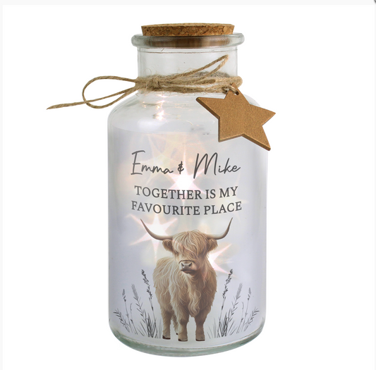 Personalised Highland Cow LED Light Up Jar