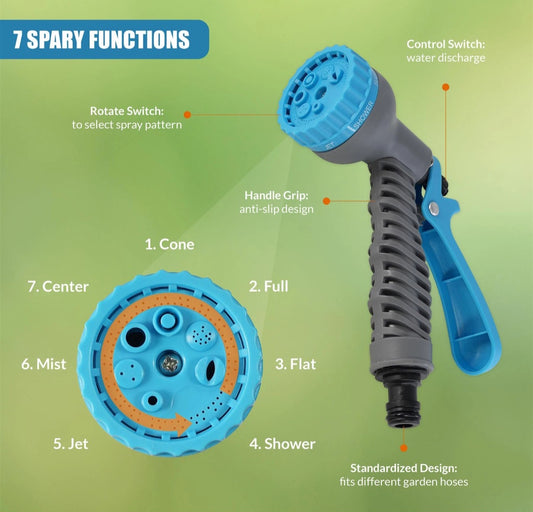 Garden Hose Pipe Reel & Spray Gun Nozzle Set with 7 Lawn Watering Functions 10m