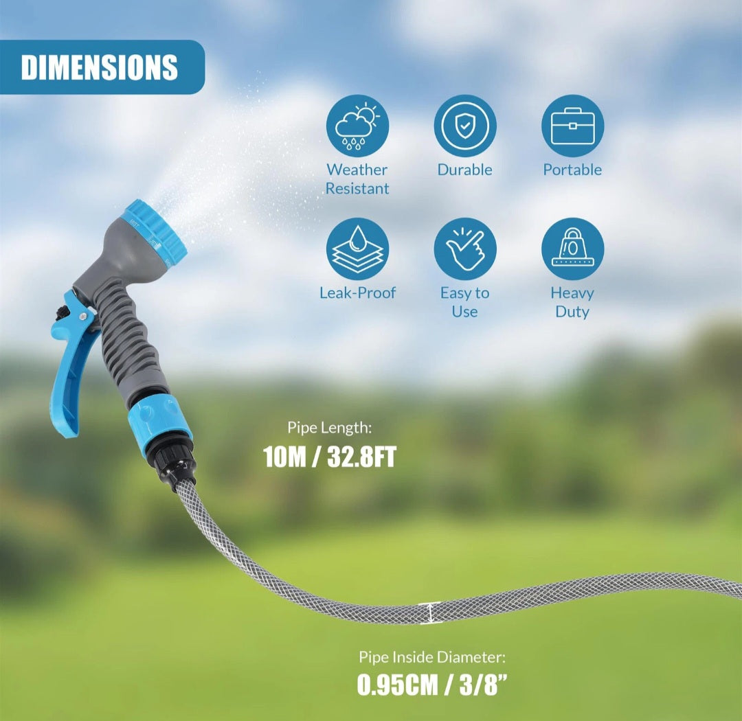Garden Hose Pipe Reel & Spray Gun Nozzle Set with 7 Lawn Watering Functions 10m