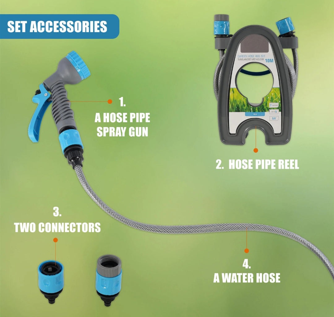 Garden Hose Pipe Reel & Spray Gun Nozzle Set with 7 Lawn Watering Functions 10m