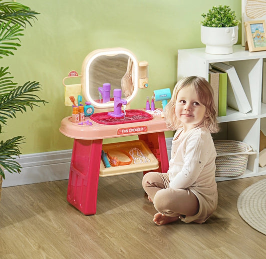 Kids Vanity Table Set with Mirror, LED Light, Music, 23 Accessories, Pink