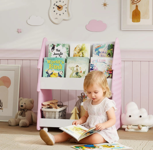 Double-Sided Kids Bookshelf and Toy Storage with Wheels