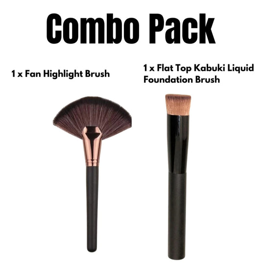 Flat Top Kabuki & Fan Brush Combo Liquid Foundation & Highlight Makeup Brush Set