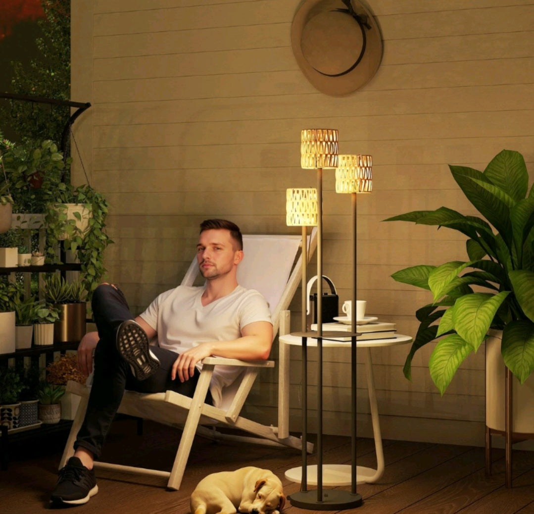 3-Light Solar Rattan Floor Lamp with Shelf