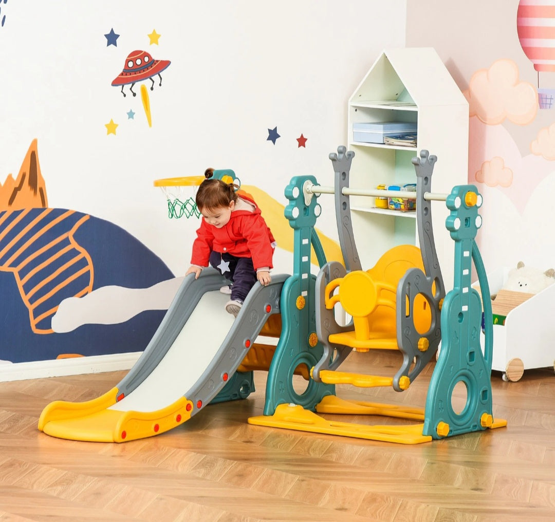 3-IN-1 Kids Swing and Slide Set Activity Center with Basketball Hoop Slide Swing