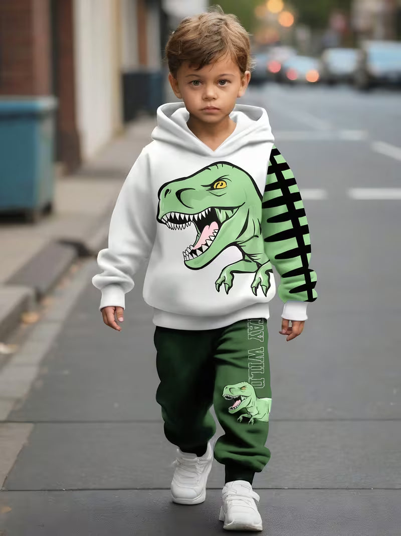 2pcs Boys' Cartoon Dinosaur Print Hoodie and Jogger Pants Set