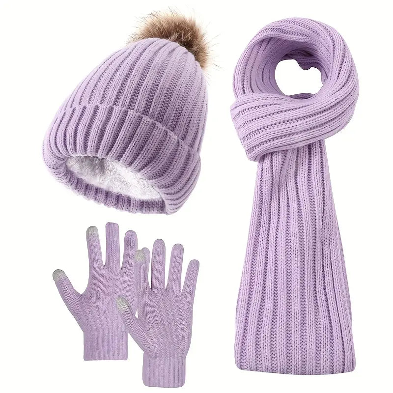 Cozy 3pcs Winter Set - Fleece-Lined Knit Beanie, Scarf & Gloves