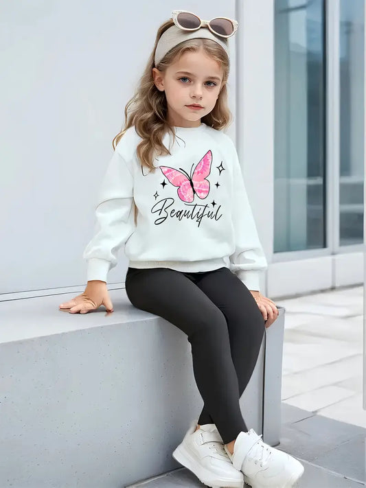 Girls' Casual Print Outdoor Sports Sweatshirt + Solid Color Leggings