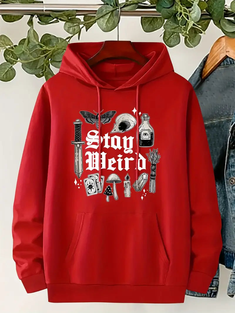 Cozy Gothic Mushroom & Wine Bottle Graphic Hoodie with Drawstring