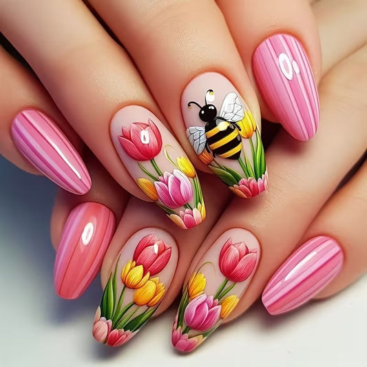 Hand-Painted Spring Tulip Bee Press-On Nails