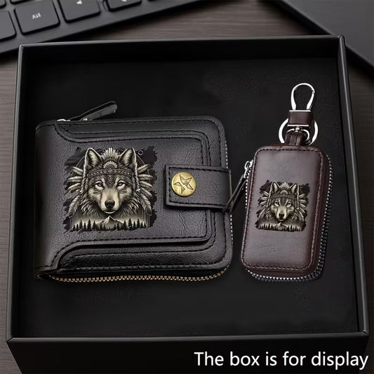 2pcs Set Grey Wolf Print Design Fashion Business Wallet + Key Case Combo Set