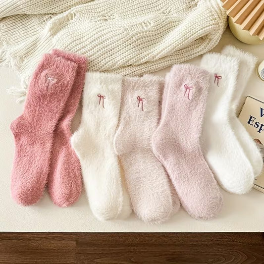 5-Pack Plush Fleece-Lined Thermal Socks with Bow Detail