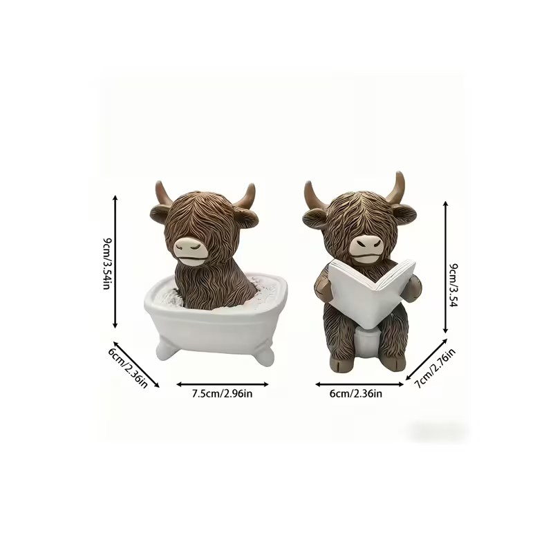 2pcs Highland Cow in Bathtub Figurine