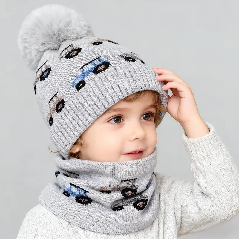 2pcs Cartoon Car Knitted Hat and Scarf Set