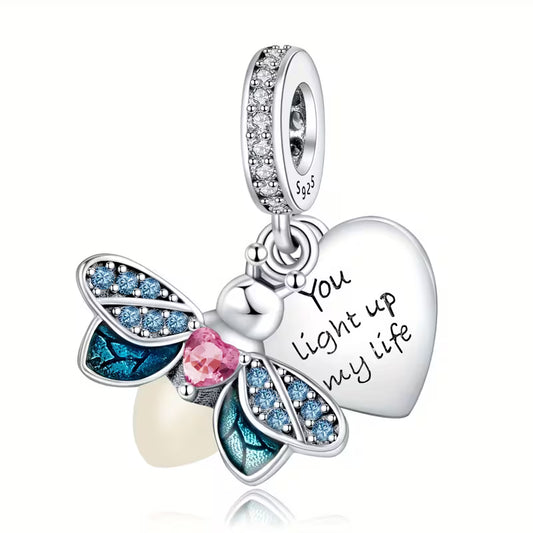S925 Sterling Silver Glow-At-Night Firefly Dangle Charm Pendant