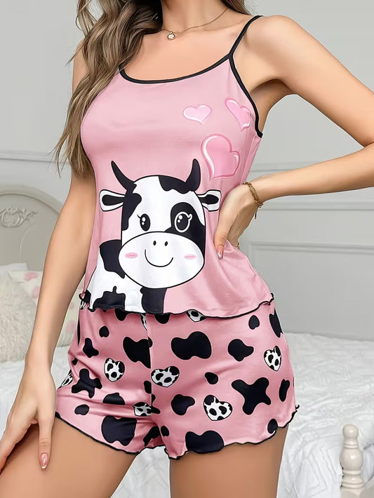 Adorable Cow Heart 2pcs Women's Tank Top and Shorts Pajama Set