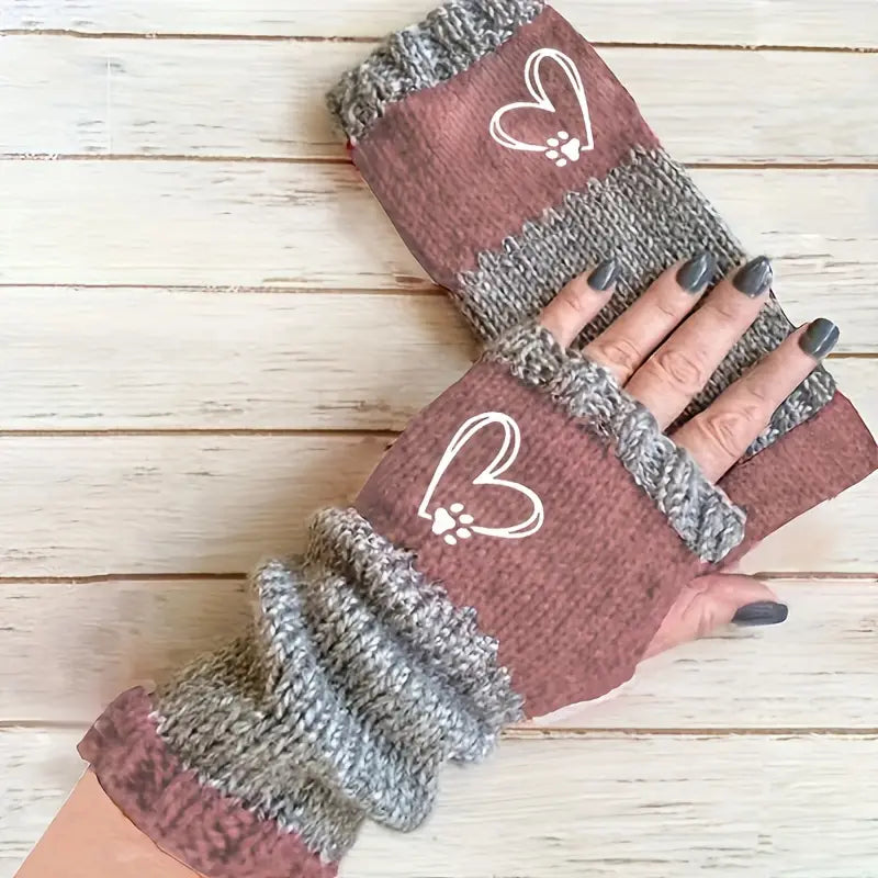 Women's Fingerless Gloves with Heart & Paw Print Design