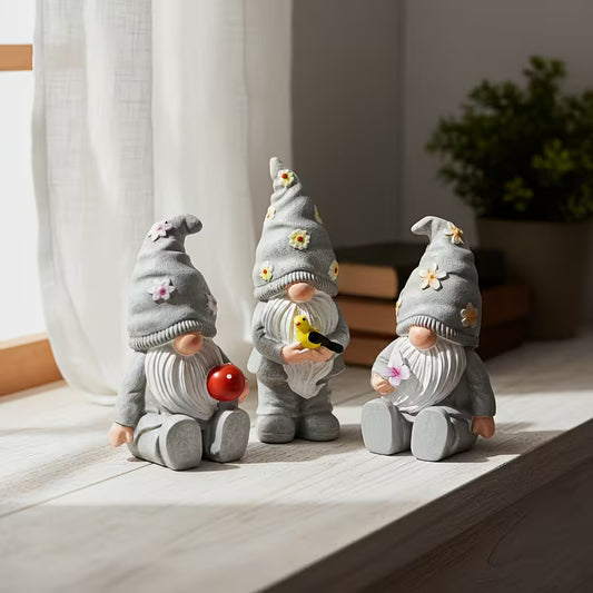 3pcs Cute Mushroom Bird & Butterfly Gnome Figurines