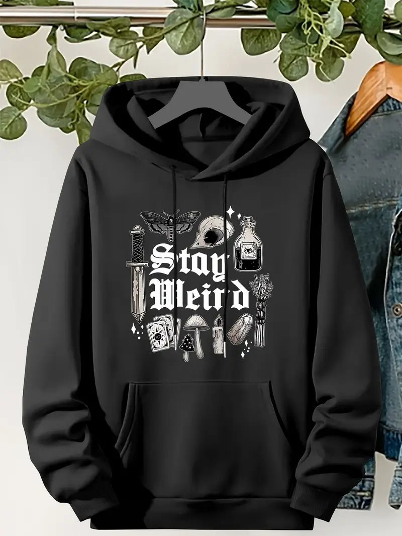 Cozy Gothic Mushroom & Wine Bottle Graphic Hoodie with Drawstring