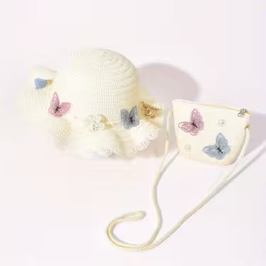 Girls' Butterfly And Floral Straw Hat And Bag