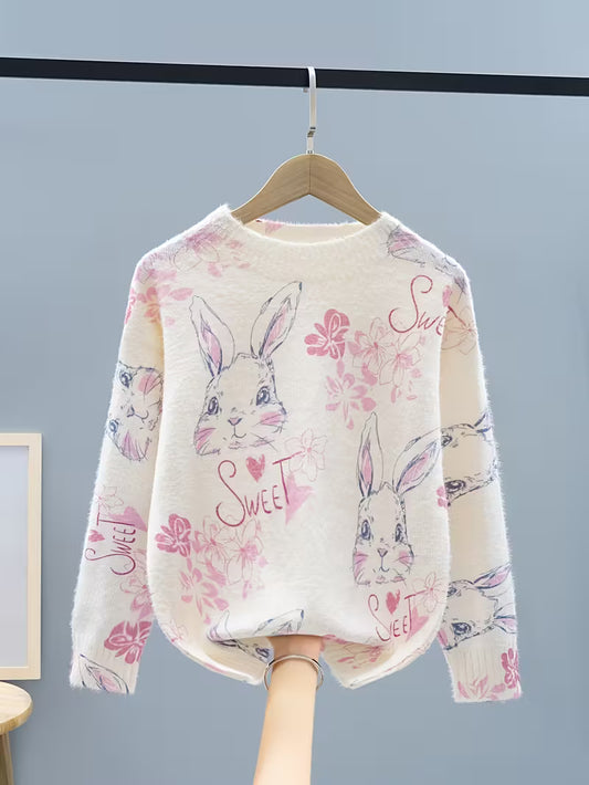 Girls Cute Rabbit and Flower Print Knit Sweater