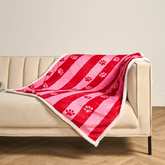 Candy Stripe Paw Print Sherpa Reverse Throw - Pink/Red