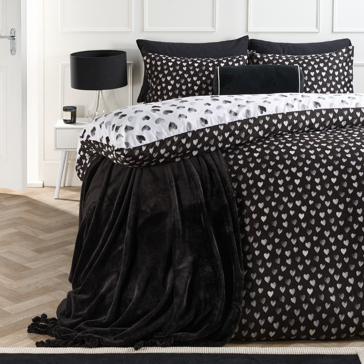 Heart Print Reversible Watercolour Duvet Cover Set - Monochrome