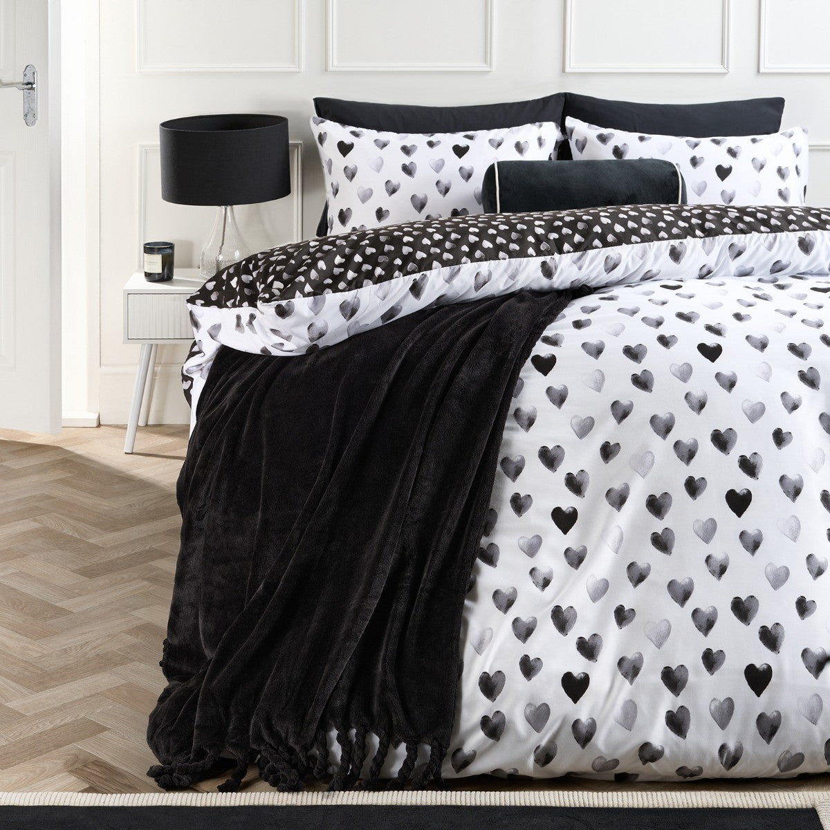 Heart Print Reversible Watercolour Duvet Cover Set - Monochrome