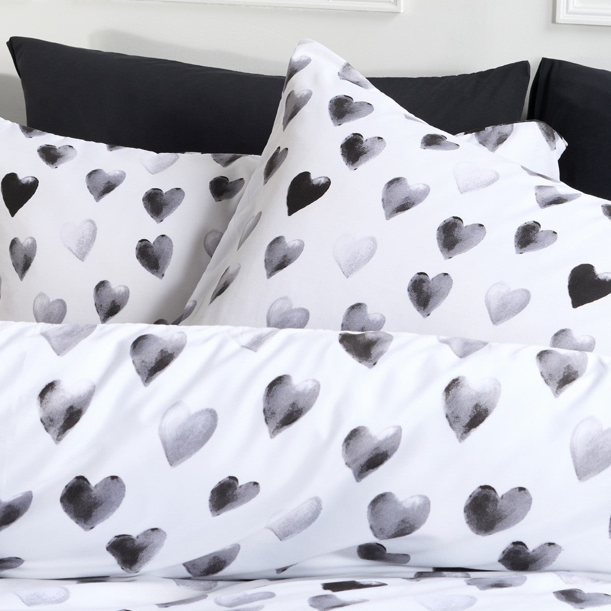 Heart Print Reversible Watercolour Duvet Cover Set - Monochrome