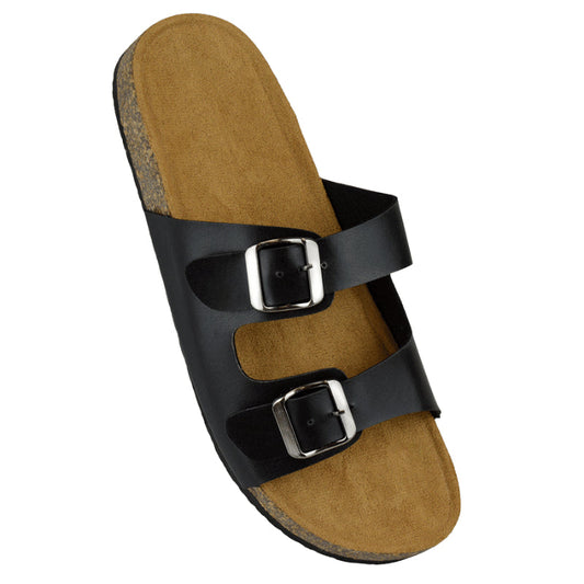 Ladies Double Strap Buckle Cork Sliders - Black