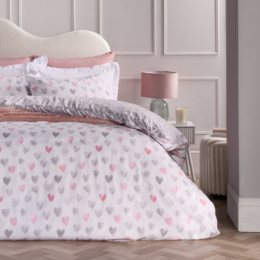 Heart Print Reversible Watercolour Duvet Cover Set - Pink/Grey